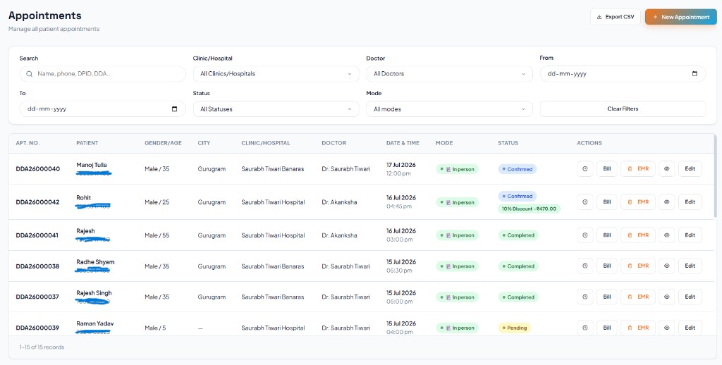 Docioo appointments list with EMR and billing